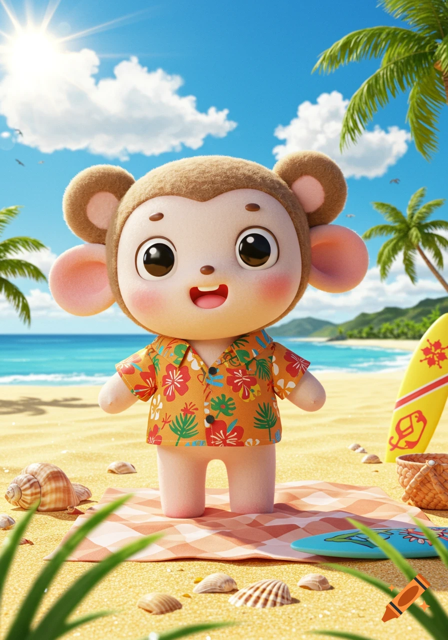 Cute 3D cartoon monkey character wearing a Hawaiian shirt stands on a sandy beach with palm trees and a surfboard under a sunny sky.