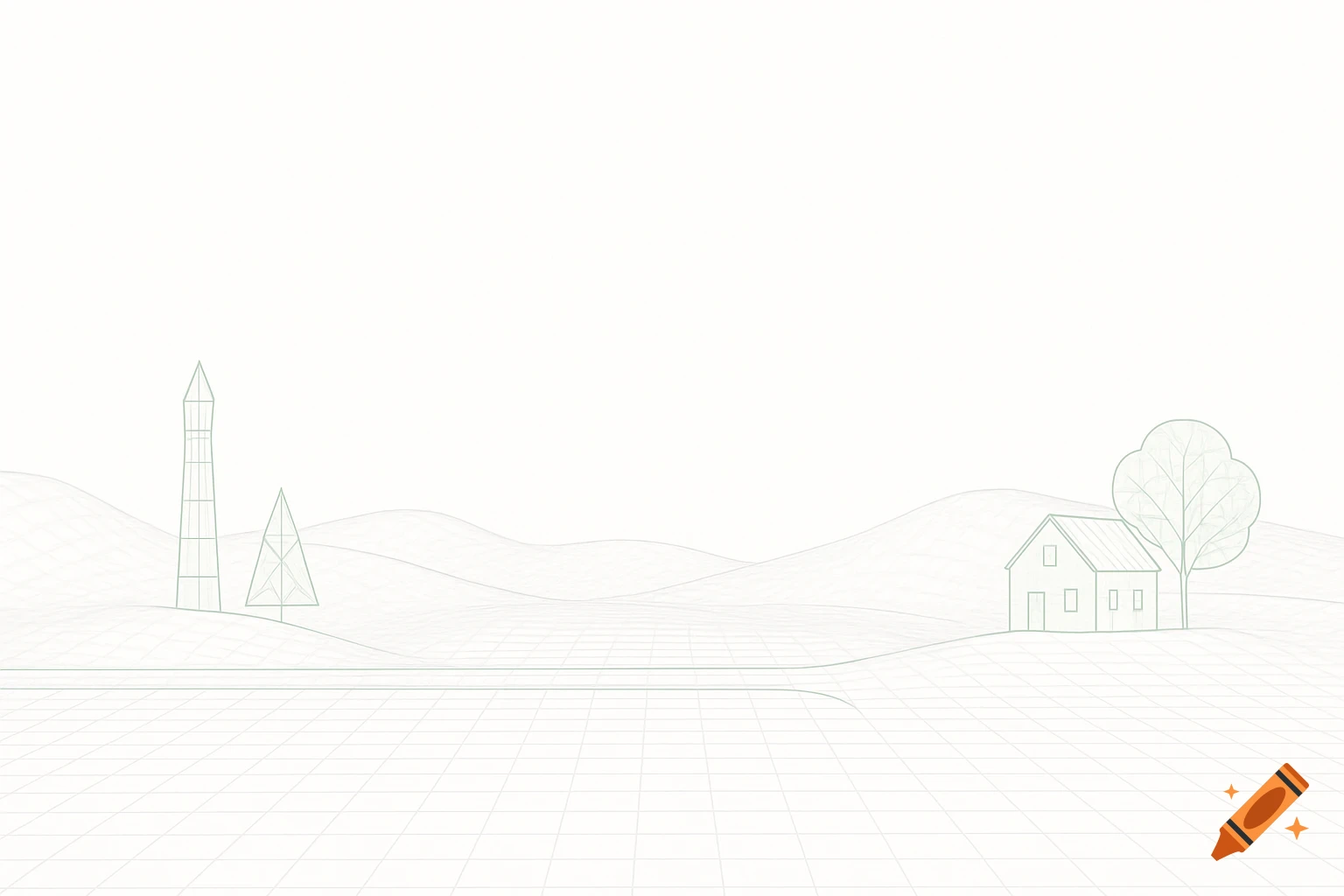 A minimalist wireframe landscape on a white background, featuring rolling hills, a grid foreground, a house, a tower, and trees.