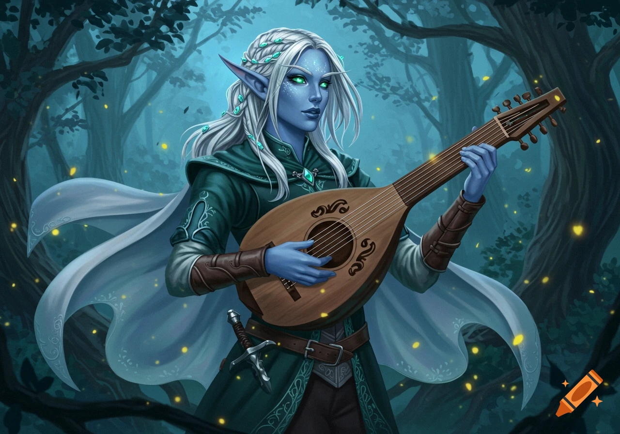 Blue-skinned female half-elf bard with white hair plays a lute in an enchanted forest with glowing fireflies, fantasy art.
