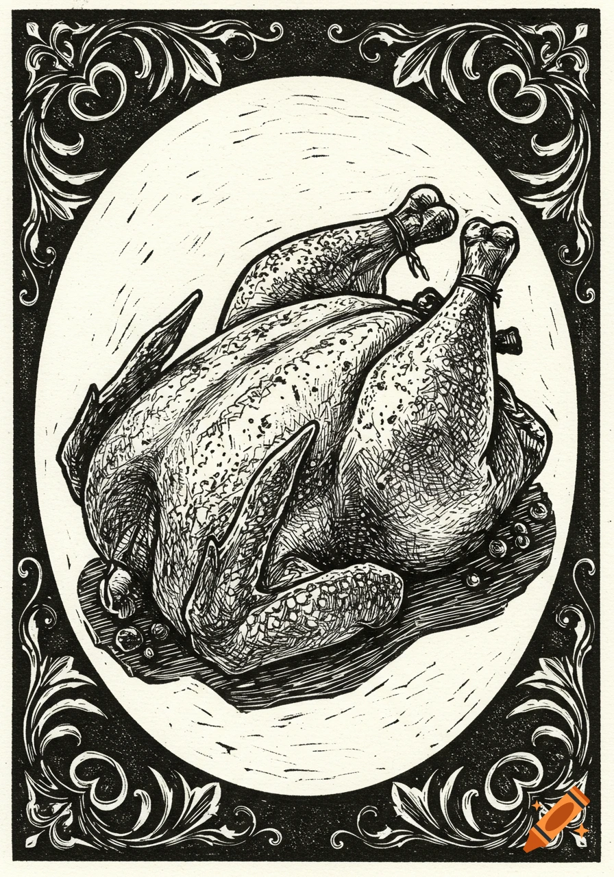 A black and white linocut illustration of a roasted chicken on a plate, surrounded by an ornate border.
