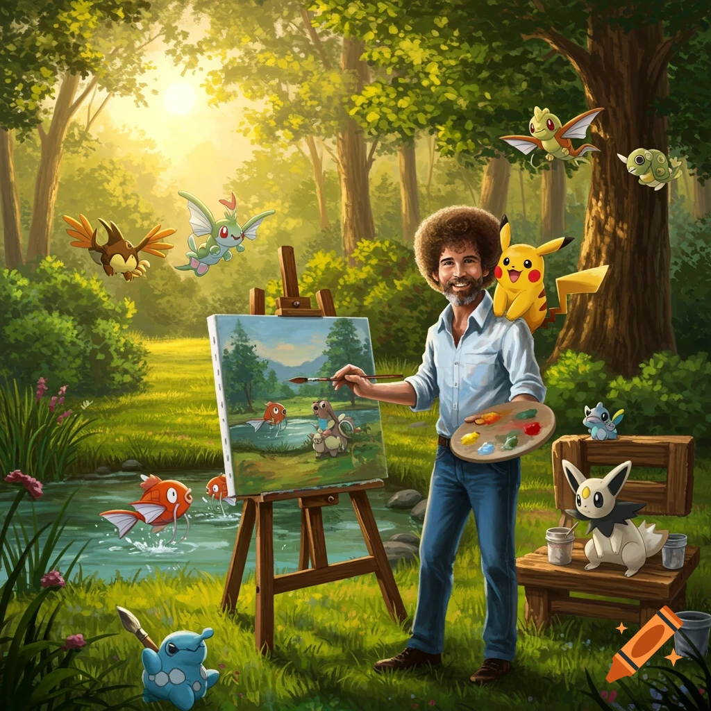 Bob Ross painting in a sunny forest, surrounded by various Pokémon including Pikachu, Magikarp, and an Eeveelution.