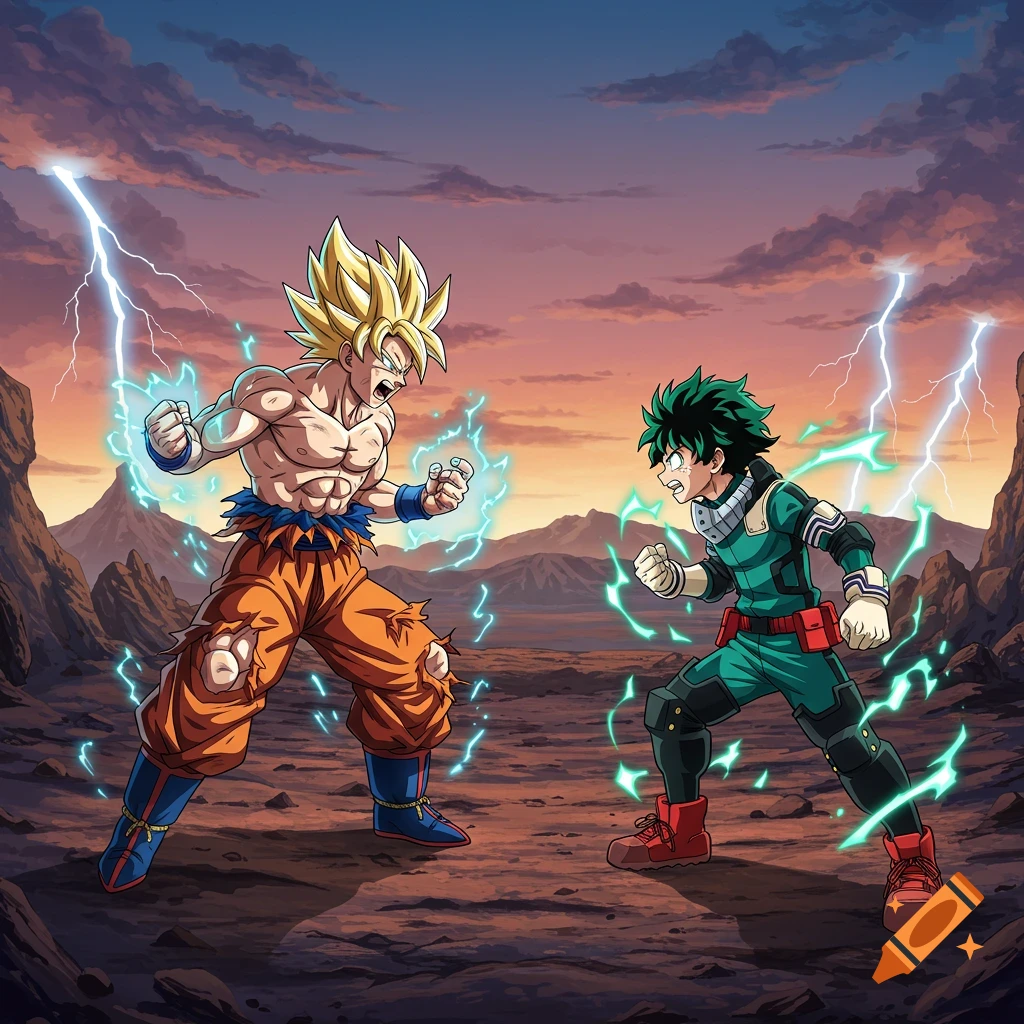 Anime characters Goku and Deku face off in a rocky landscape, surrounded by electric energy and lightning under a dramatic sky.