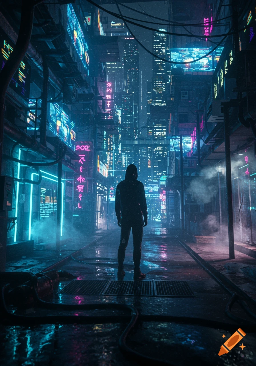 A lone hooded figure stands in a dark, rain-slicked cyberpunk city street, illuminated by blue and pink neon signs reflecting on the wet ground.