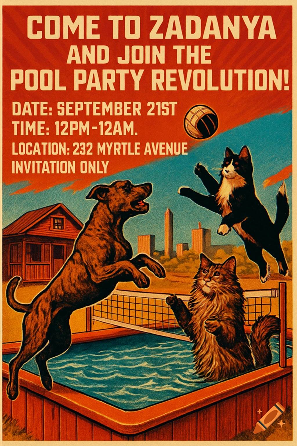 Soviet propaganda-style poster for a pool party featuring a dog and two cats playing volleyball in an above-ground pool, with a house and city skyline in the background. Text reads: "COME TO ZADANYA AND JOIN THE POOL PARTY REVOLUTION!"