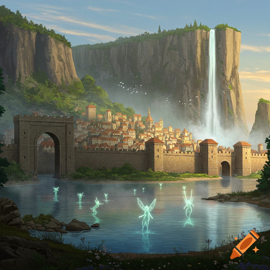 A fantasy medieval city with stone walls and red roofs sits by a lake with glowing fairy creatures. A tall waterfall cascades from cliffs behind.