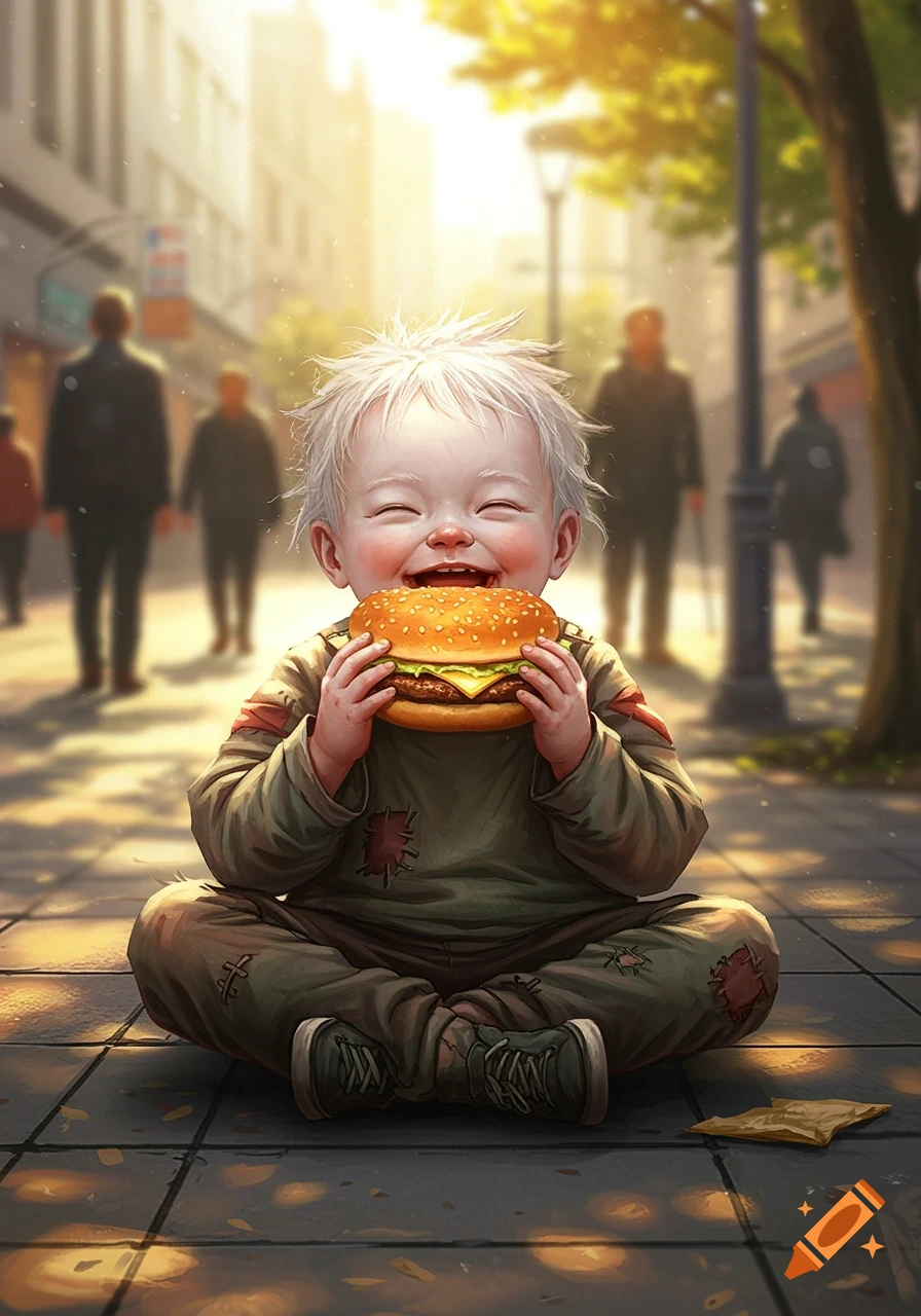 A happy, messy-haired baby in ragged clothes sits on a sunlit city street, joyfully eating a burger. Digital illustration.