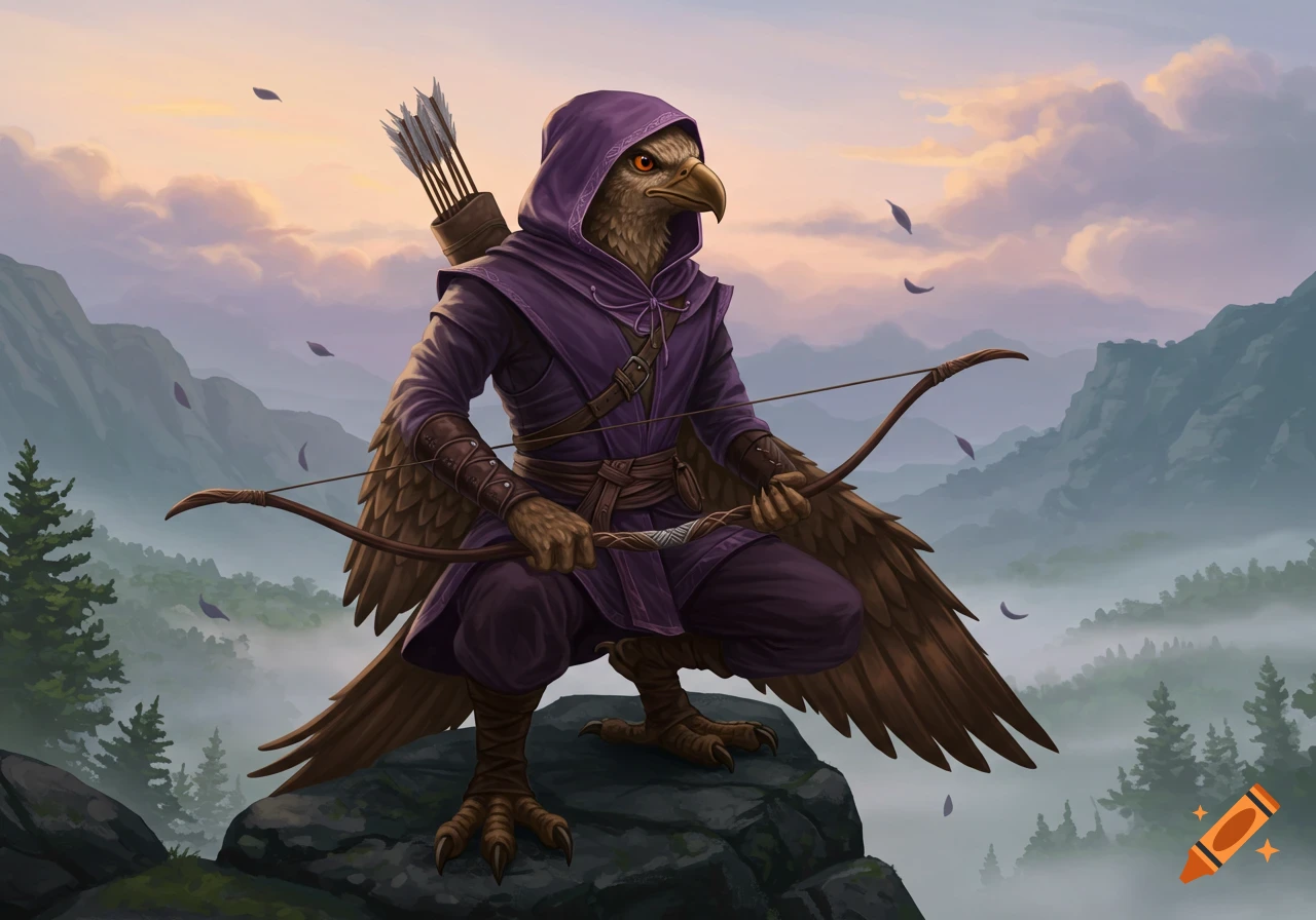A fantasy illustration of a brown-feathered aarokocra in purple robes, crouching with a bow and quiver on a rock overlooking misty mountains.