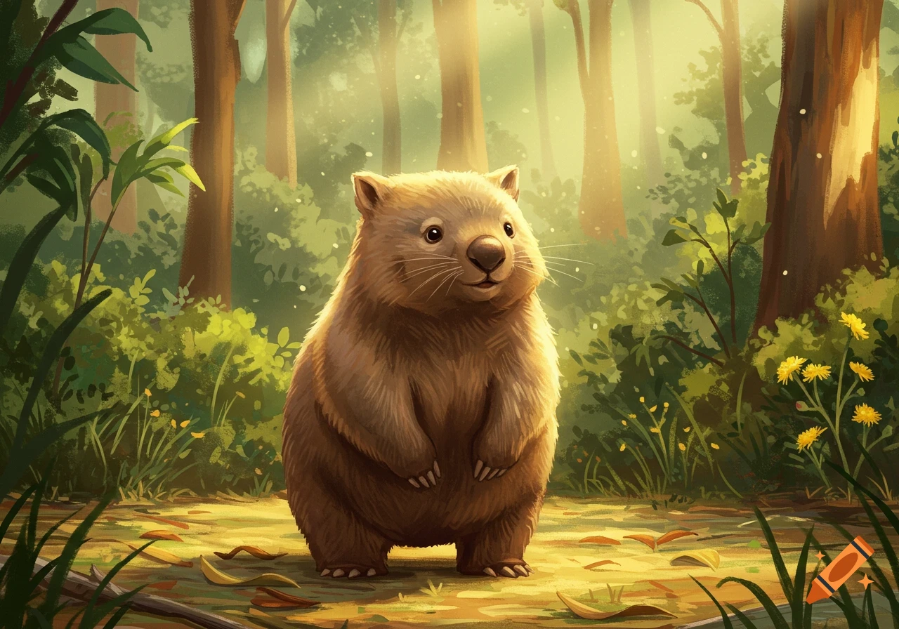 A fluffy brown wombat stands in a sunlit forest with green foliage and tall trees, in an illustration style.