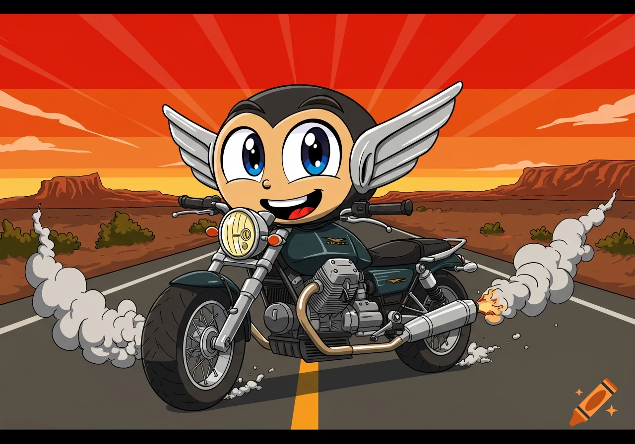 A cartoon character with a winged helmet rides a green motorcycle on a desert road, with smoke from the tires at sunset.