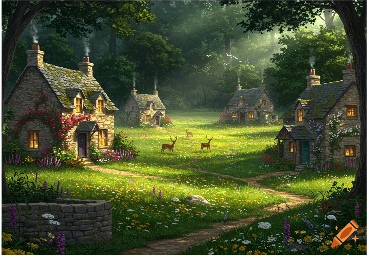An idyllic village with stone cottages, glowing windows, and smoking chimneys, nestled in a lush meadow with wildflowers and deer, surrounded by a dense forest.
