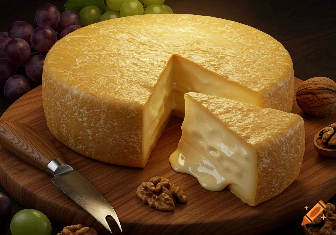A photorealistic image of a large cheese wheel with a slice cut out, revealing a creamy interior, on a wooden board with grapes, walnuts, and a cheese knife.