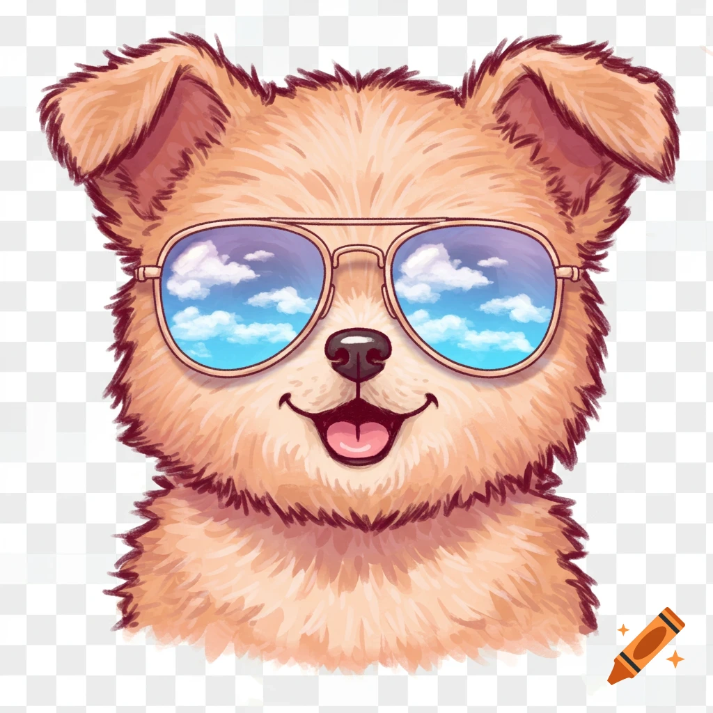 Cute cartoon dog with fluffy brown fur wearing aviator sunglasses that reflect a cloudy blue sky.