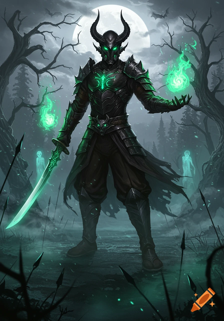 A horned warrior in dark armor, glowing green, holds a luminous sword and magic in a misty, spectral forest under a full moon.