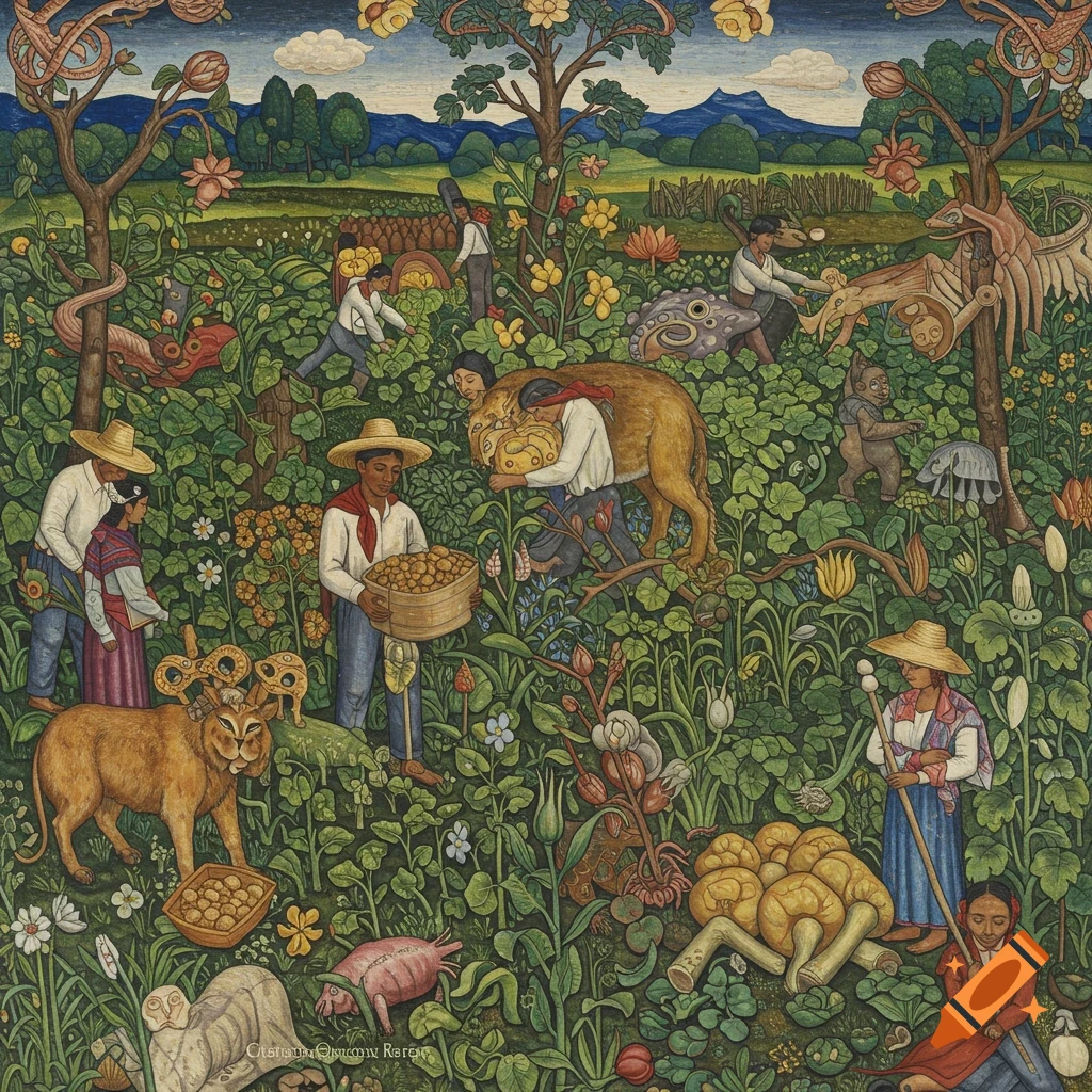 Vibrant mural-style illustration of farmers, fantastic beasts, and lush crops in a detailed, green landscape.