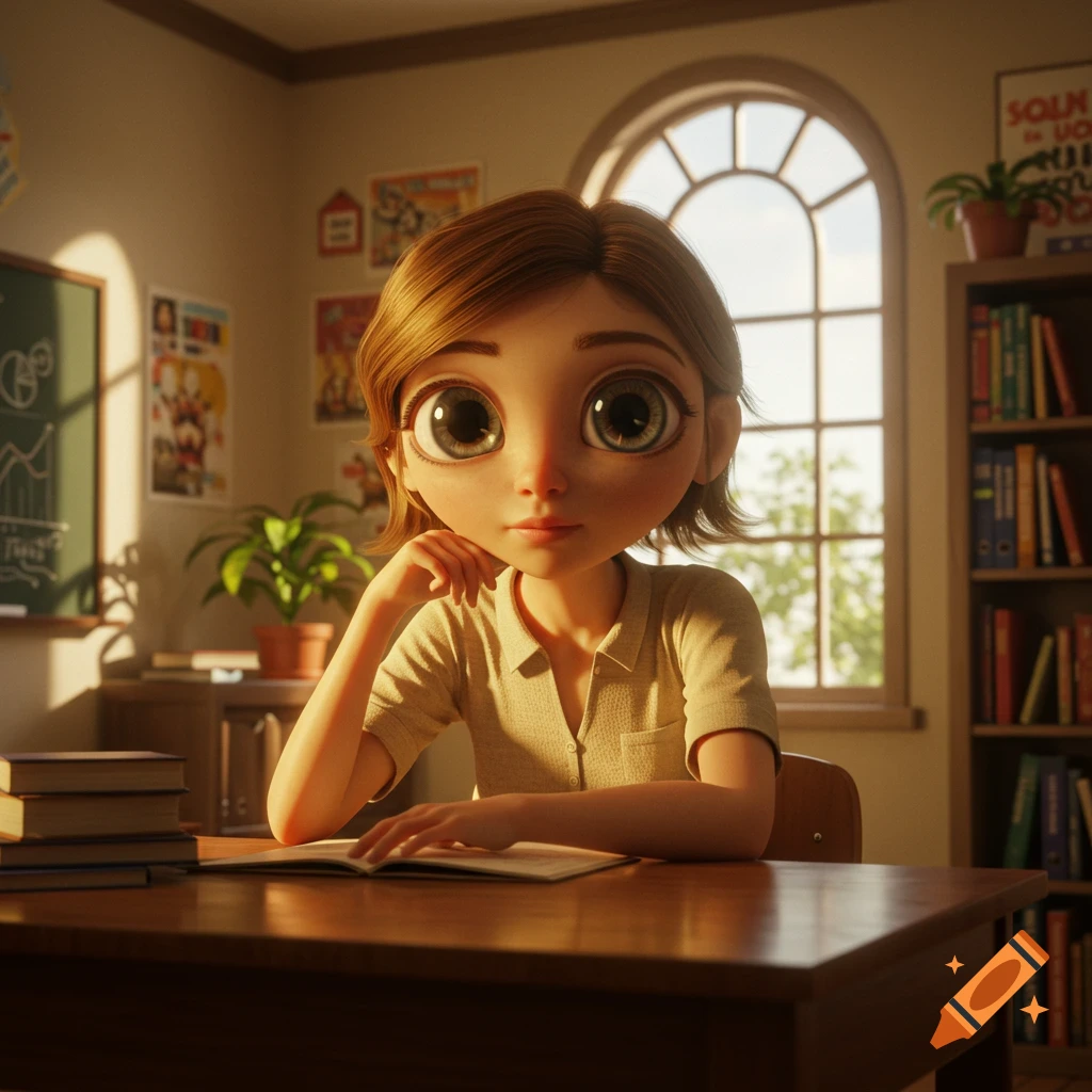 A stylized 3D rendered girl with large eyes sits at a desk in a sunlit classroom, looking forward.