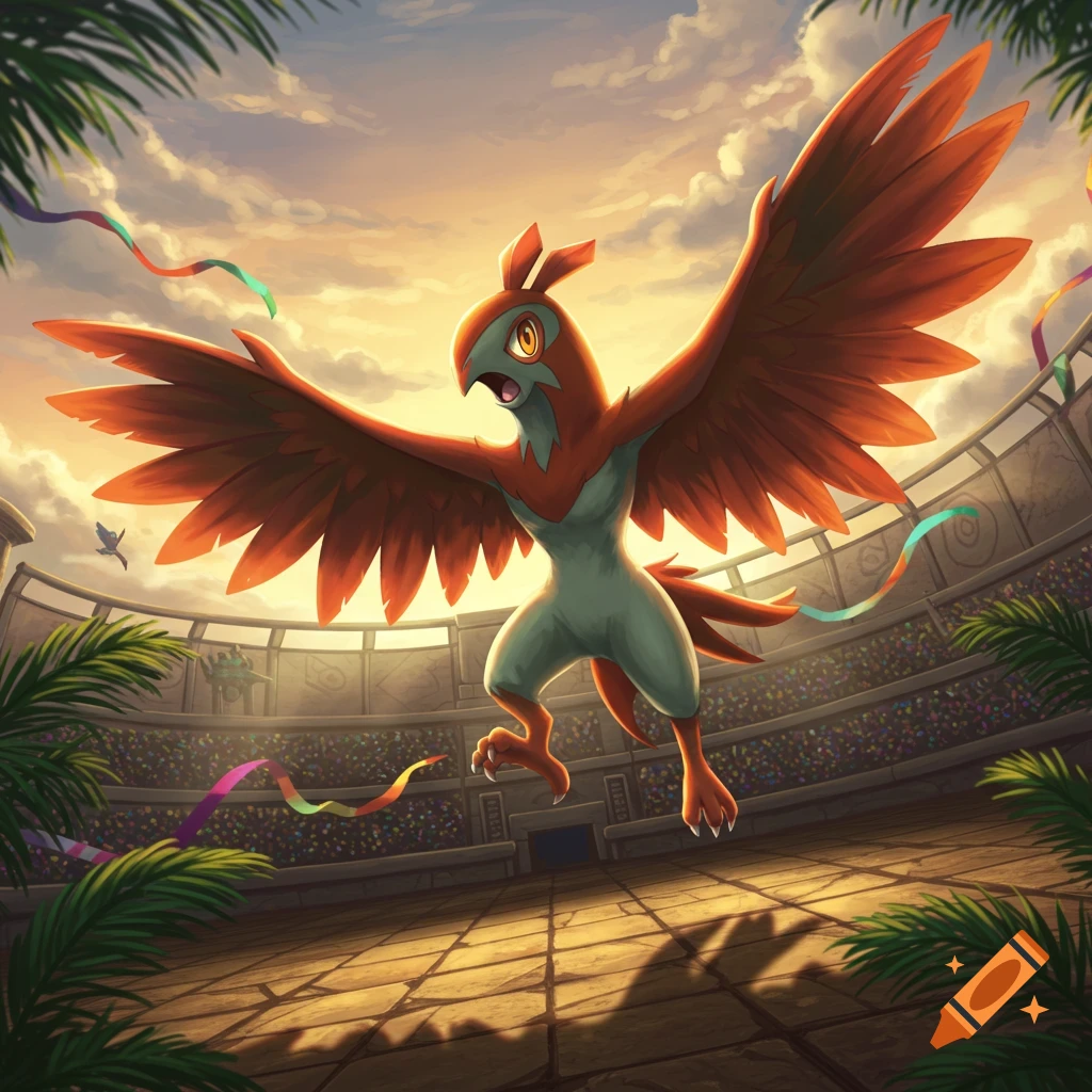 Hawlucha, a bird-like Pokémon with red and green feathers, flies with wings spread in a stadium during sunset, surrounded by palm fronds.