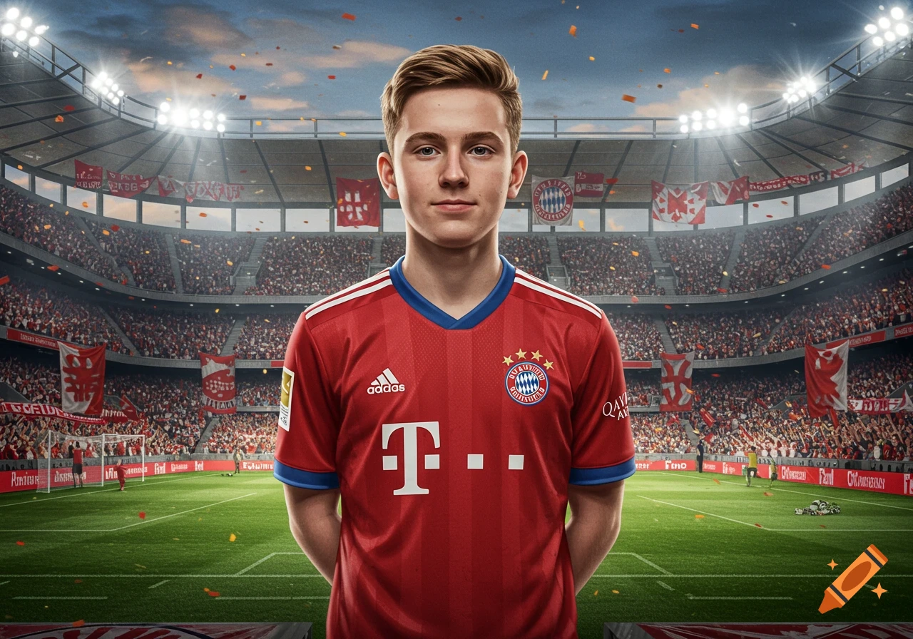 A young boy in a Bayern Munich shirt stands confidently in a bustling football stadium filled with fans and confetti, looking at the camera.