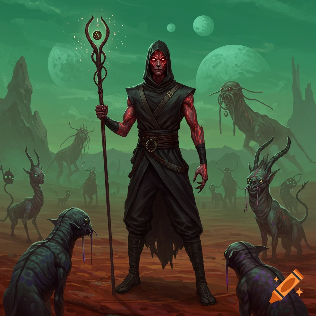 A dark hooded figure with red glowing eyes and patterned skin holds a staff on an alien planet with multiple moons and monstrous creatures.