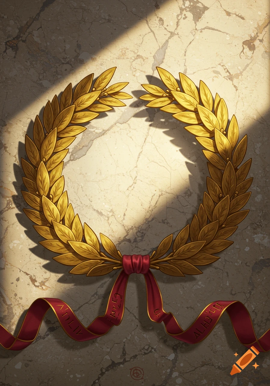 A golden laurel wreath with a red ribbon on a light marble background, illuminated by sunlight.