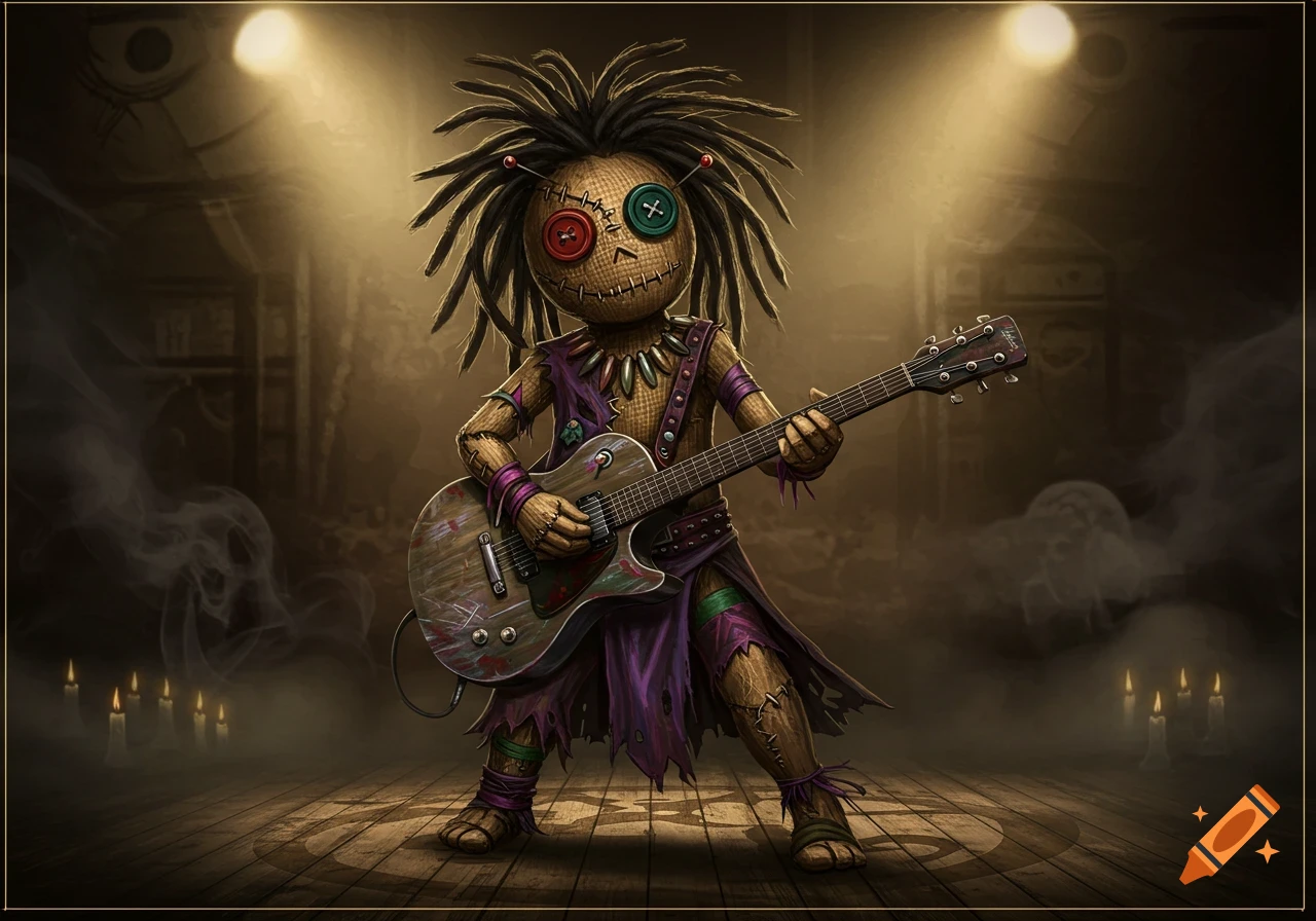 A stylized voodoo doll with dreadlocks plays an electric guitar on a dimly lit stage with spotlights and candles.