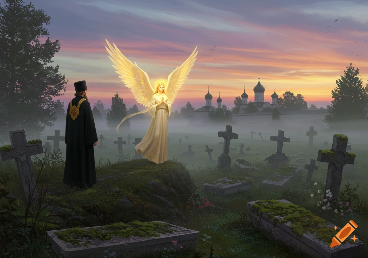 A Russian Orthodox priest looks at a glowing angel in an old, misty cemetery with a monastery under a colorful sky, digital painting.