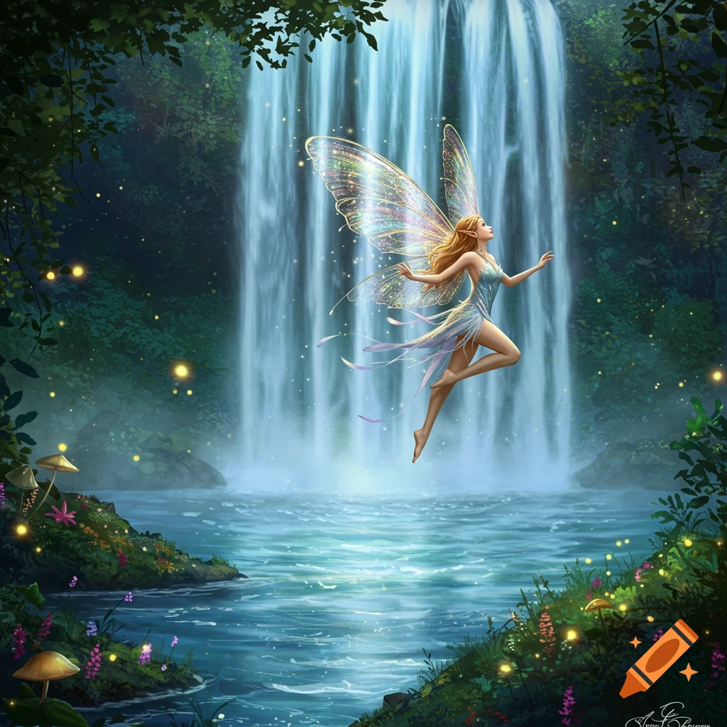 A blonde fairy with sparkling wings floats in front of a majestic waterfall in an enchanted forest with glowing mushrooms.