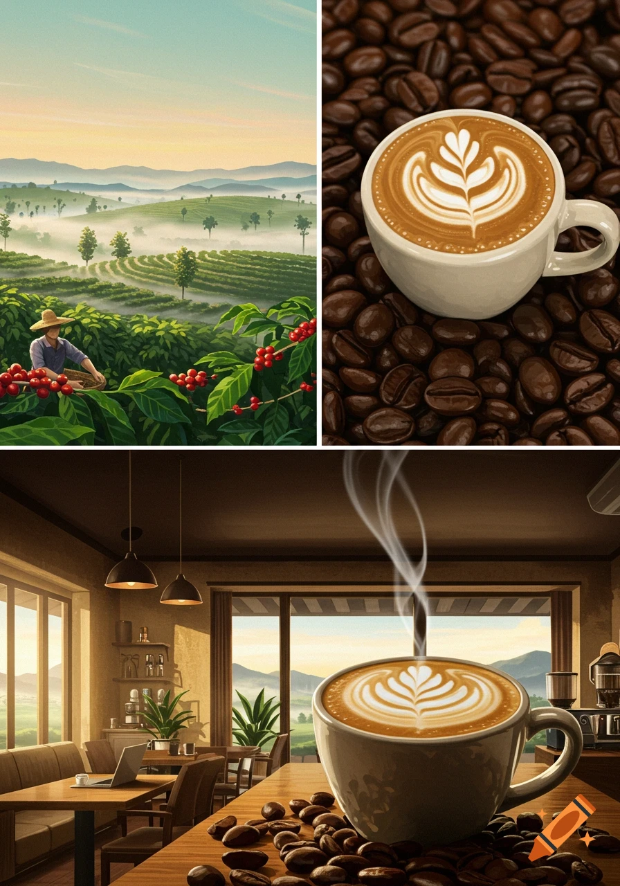 Digital painting showing coffee production: a farmer in a misty plantation, latte art with coffee beans, and a cafe with a coffee cup overlooking the fields.