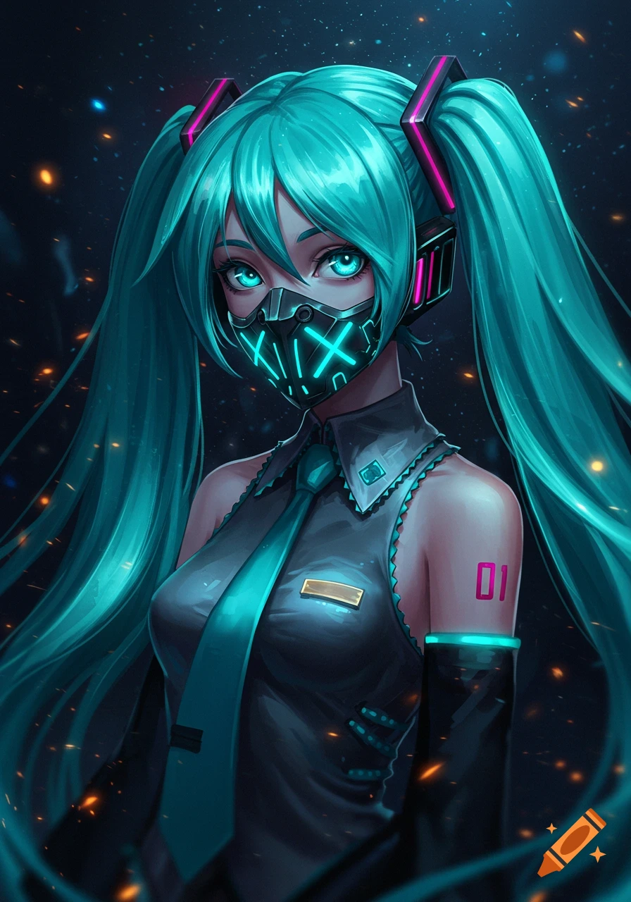 Anime girl with turquoise pigtails, glowing blue eyes, and a futuristic black mask with neon blue symbols, wearing a dark uniform against a starry background.