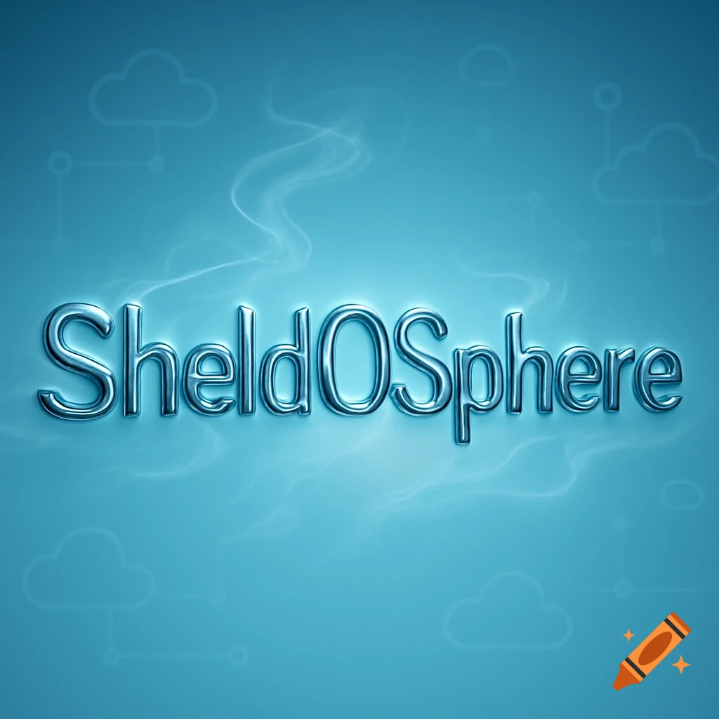 Shiny metallic text 'SheldOSphere' against a blue background with subtle cloud and network icons.
