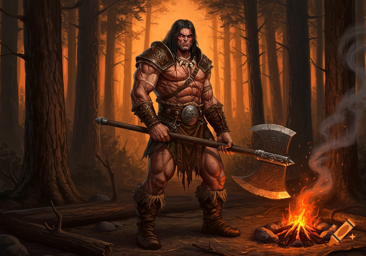 A muscular barbarian man stands defiantly, holding a large double-bladed axe, in a forest at sunset next to a campfire.