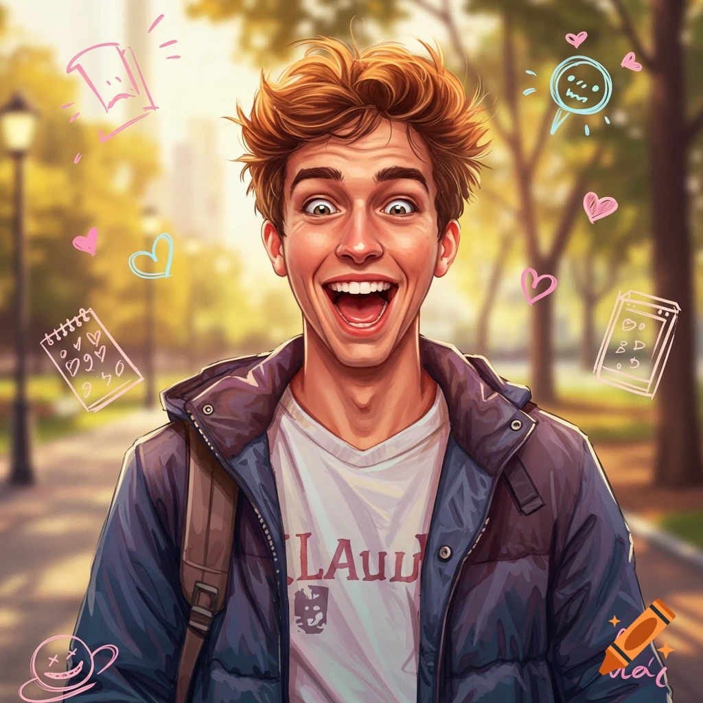 An illustrated portrait of a very happy young man with tousled brown hair, wearing a jacket over a white t-shirt, surrounded by playful doodles.