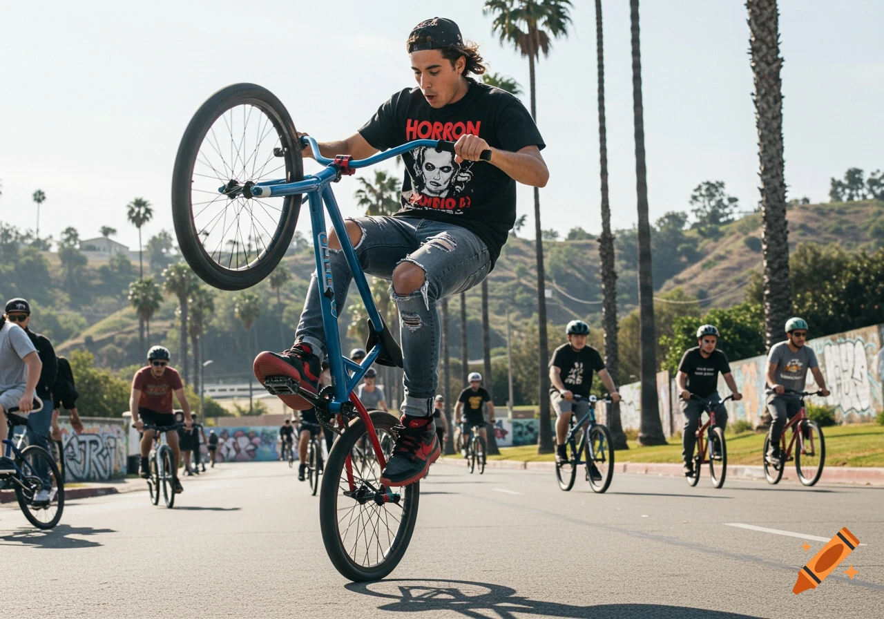 A young man in ripped jeans and a horror t-shirt does a wheelie on a blue bike on a sunny street, with other bikers and palm trees in the background. Photorealistic style.