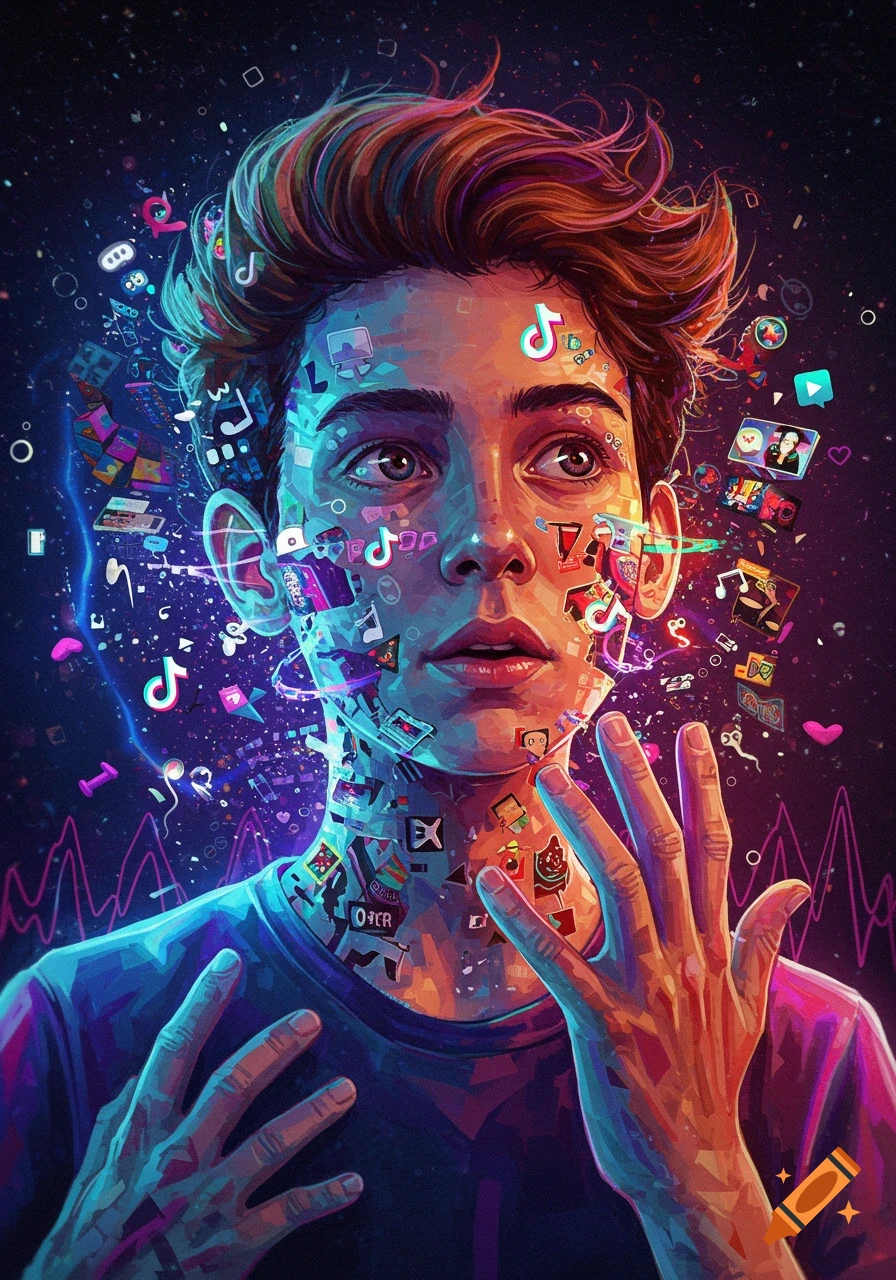 Vibrant digital art portrait of a person with social media icons and glowing data streams emerging from their face and body.