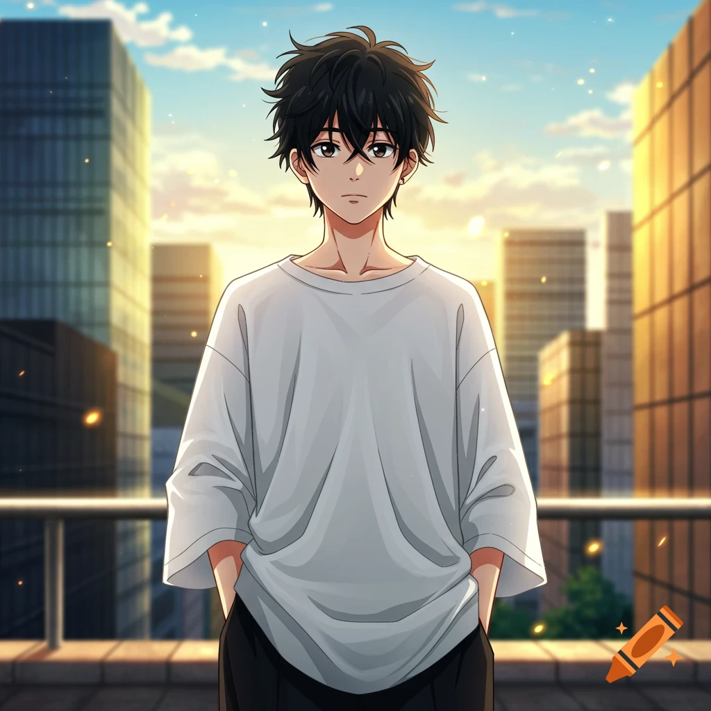 Anime boy with black messy hair and brown eyes, wearing a white baggy shirt and black pants, standing in a city at sunset.