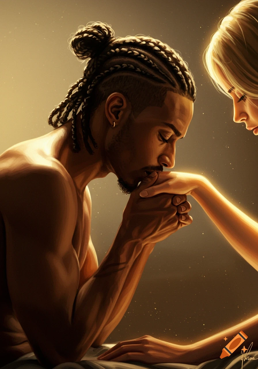 A shirtless man with braided hair gently kisses a woman's glowing hand in a warm, intimate, hyper-realistic fine art portrait.