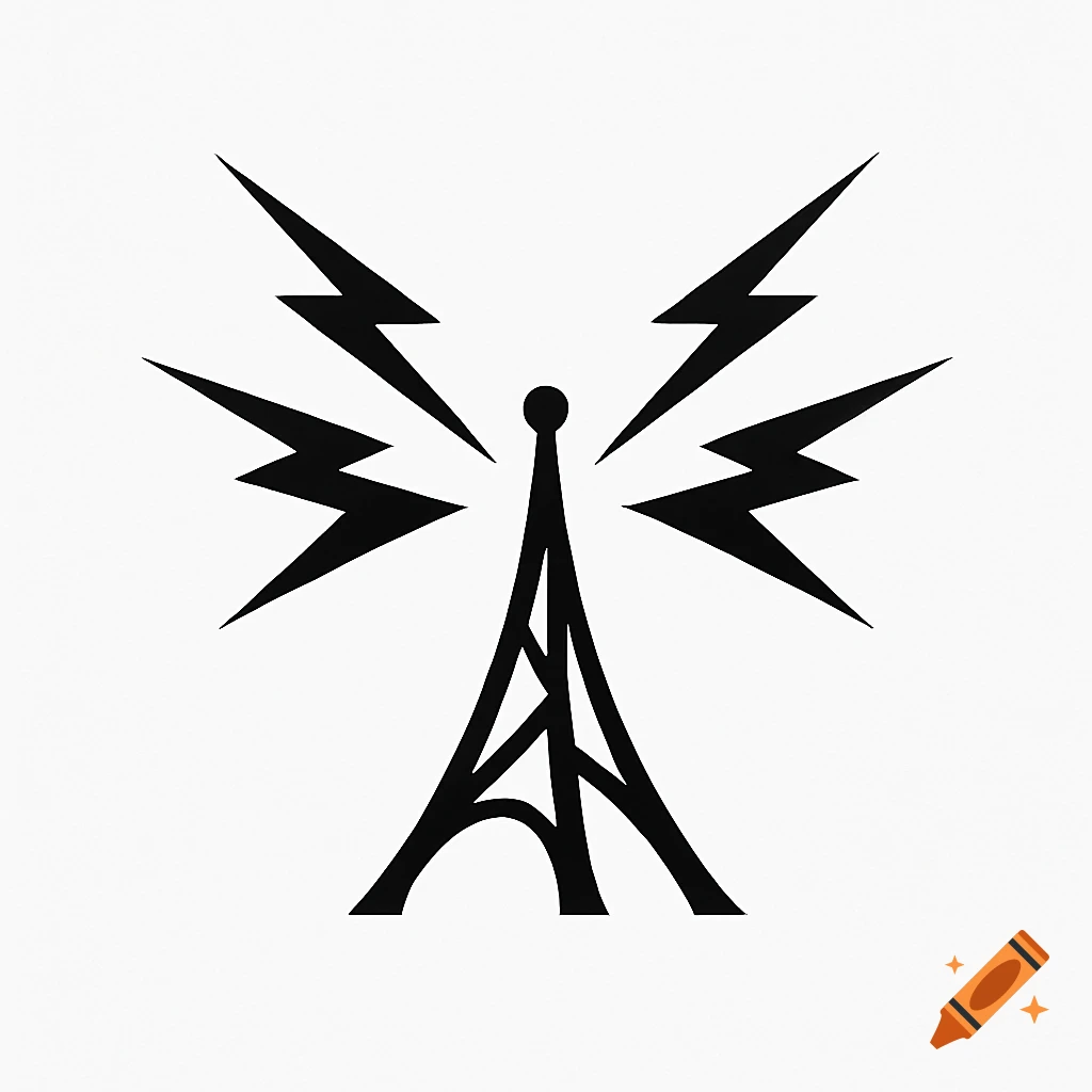 Black and white abstract logo of a radio tower emitting lightning bolts.