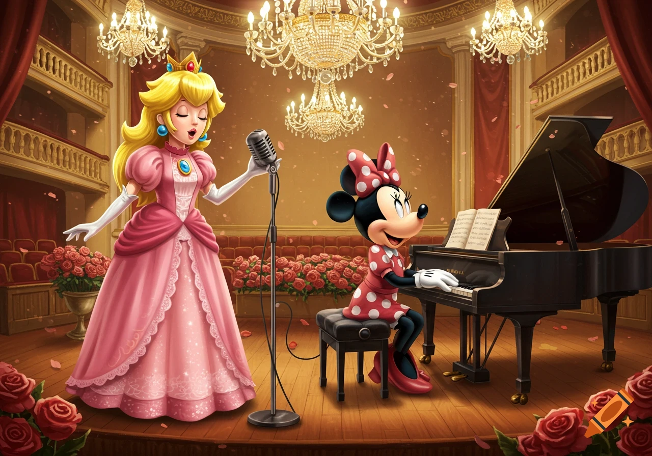 Princess Peach sings into a microphone while Minnie Mouse plays a grand piano on a decorated stage with chandeliers and red roses.