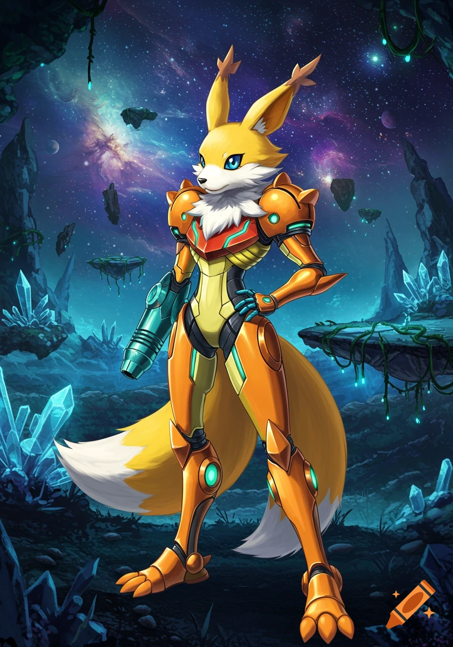 A fox-like furry character in orange and yellow sci-fi power armor stands on an alien planet with blue crystals and a nebula-filled sky.