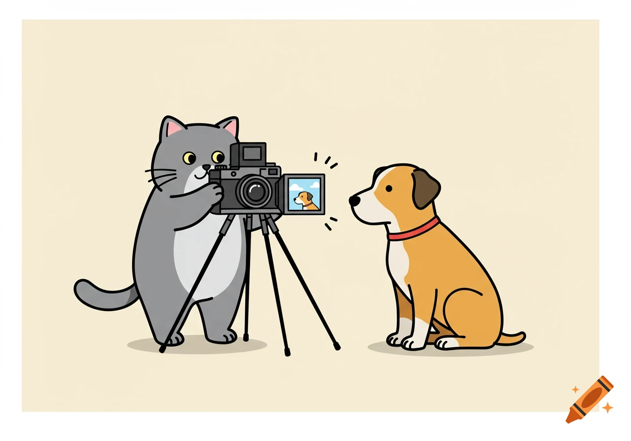 A cartoon gray cat holds a camera on a tripod, taking a picture of a sitting brown and white dog.