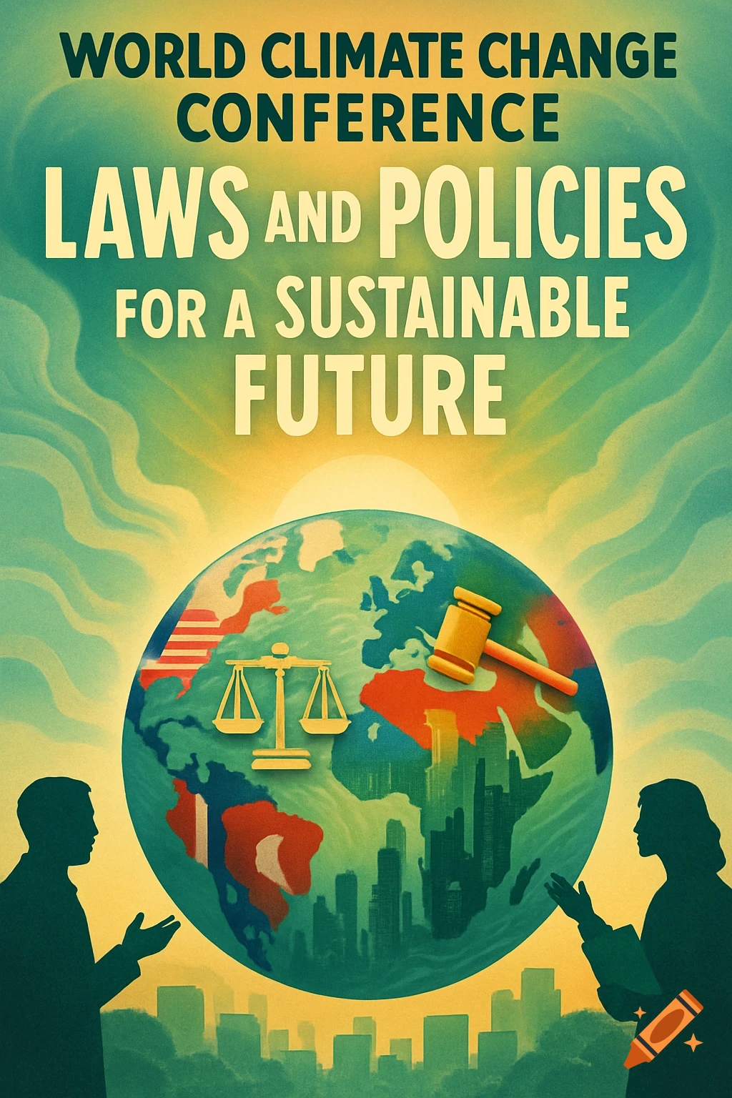 Retro illustration poster for the World Climate Change Conference, featuring Earth, scales of justice, a gavel, and silhouetted figures.