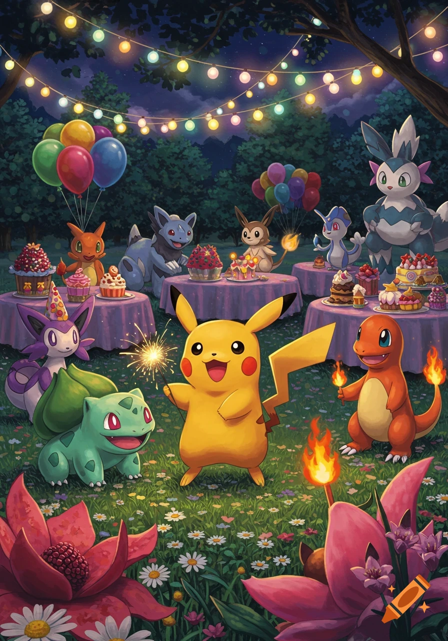 Whimsical illustration of various Pok mons including Pikachu, Bulbasaur, and Charmander at a night party with string lights and cakes.