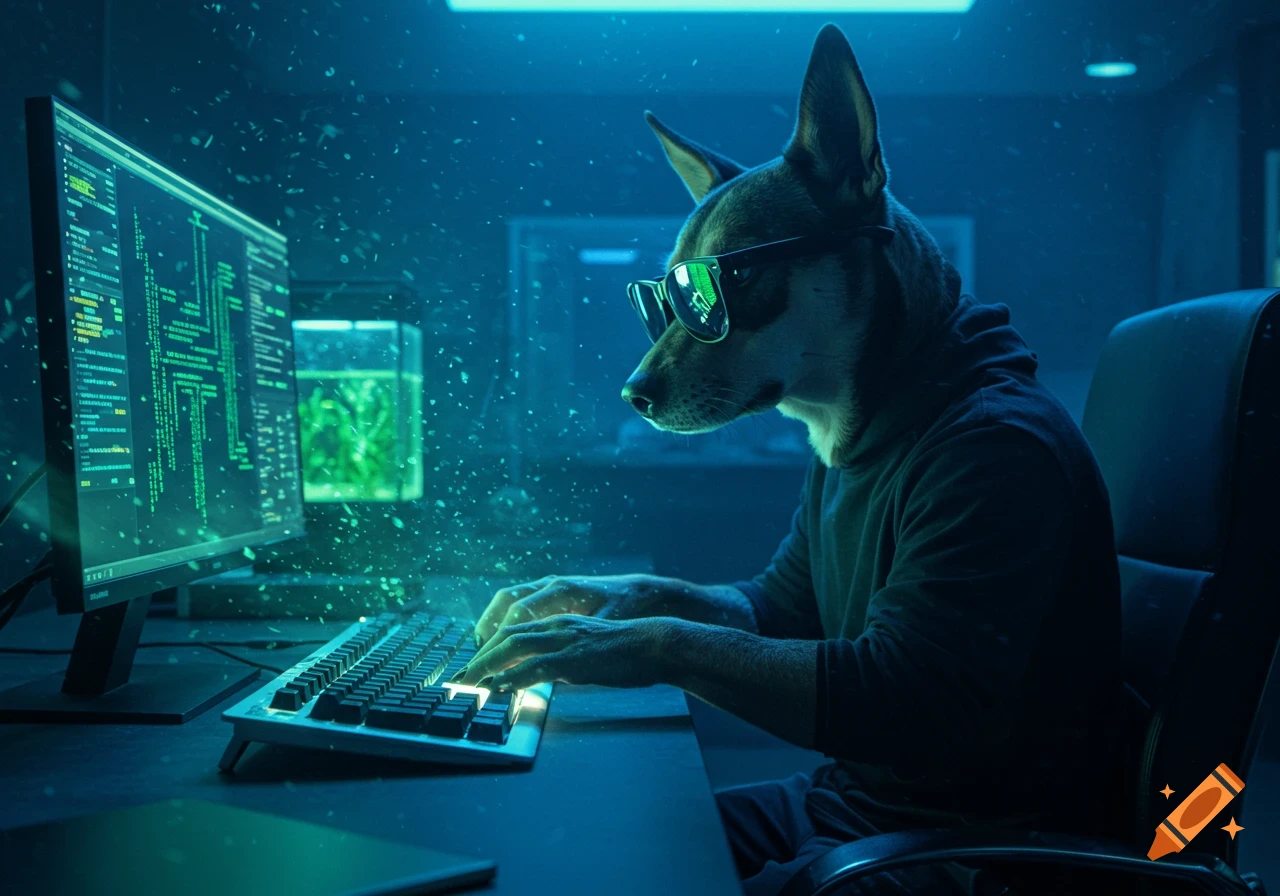 A cool dog in sunglasses and a hoodie intensely types on a computer keyboard in a dark, neon-lit room with green code on screen. Photorealistic style.