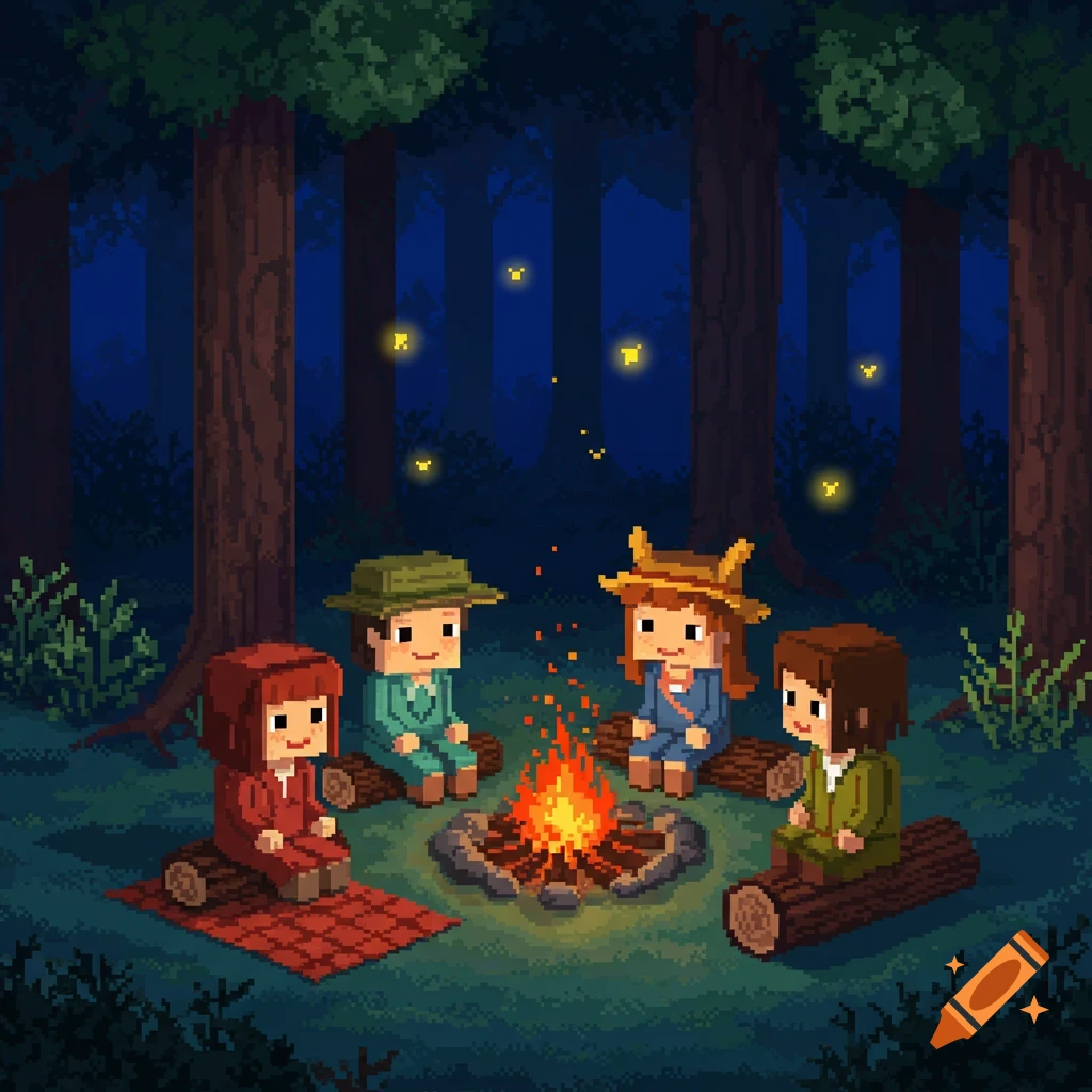 Four pixel art characters sit around a glowing campfire in a dark forest with fireflies at night.