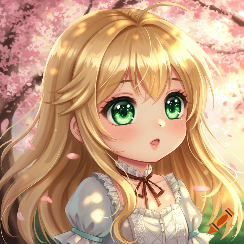 Cute blonde anime girl with big green eyes in a white dress, surrounded by pink cherry blossoms.