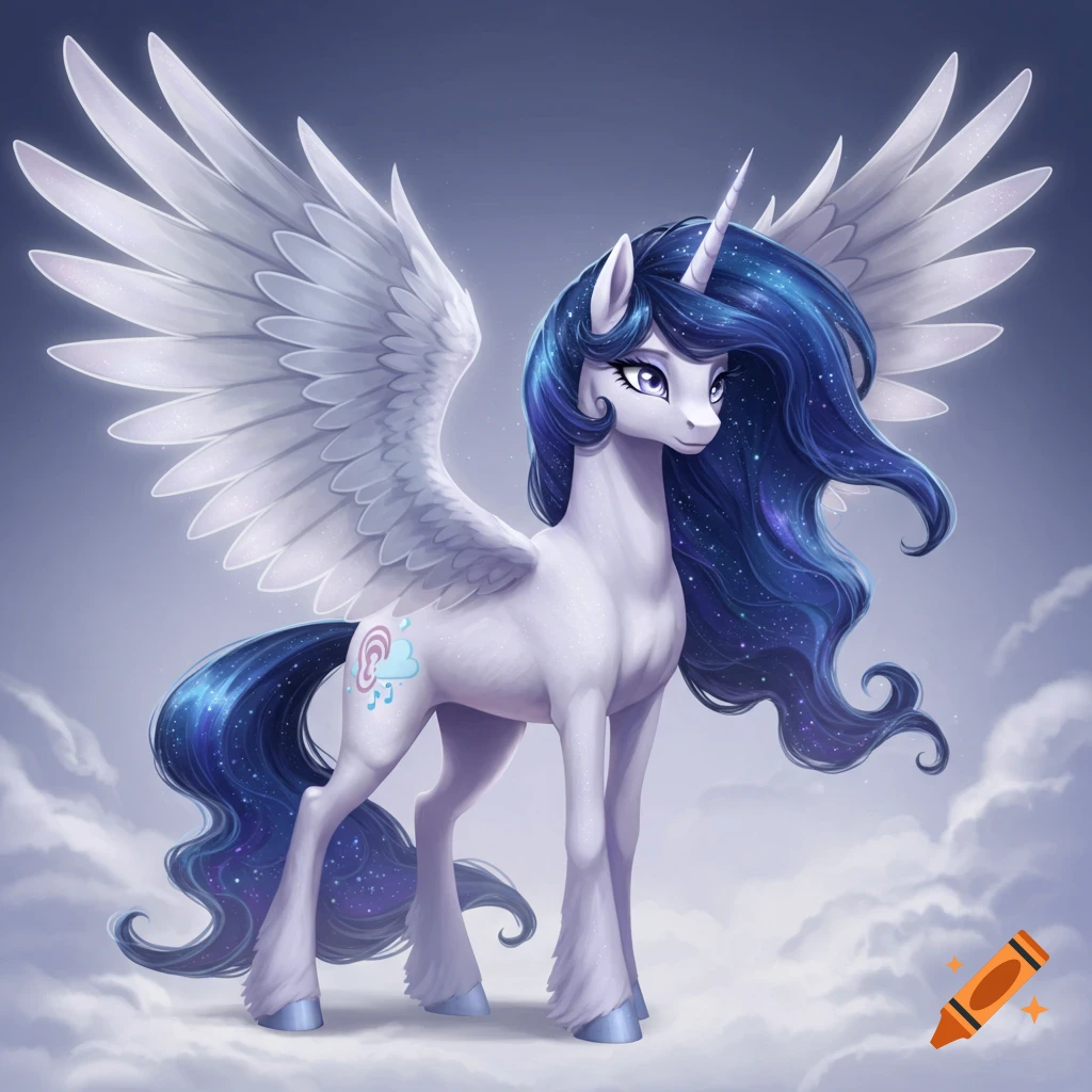 A majestic white winged unicorn with a starry deep blue mane and tail, and pale lavender eyes, stands on clouds.