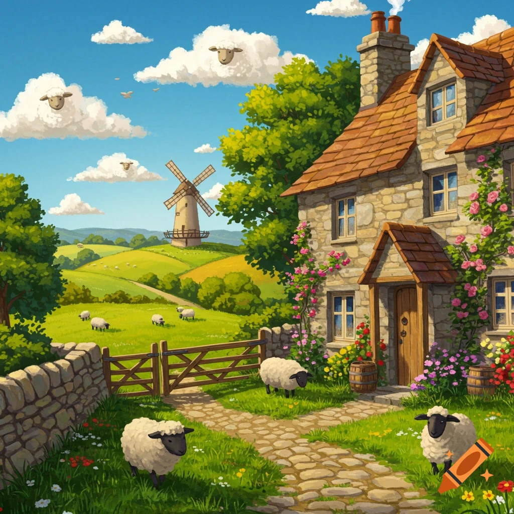 Vibrant illustration of a scenic countryside with a stone cottage, grazing sheep, green hills, and a windmill.