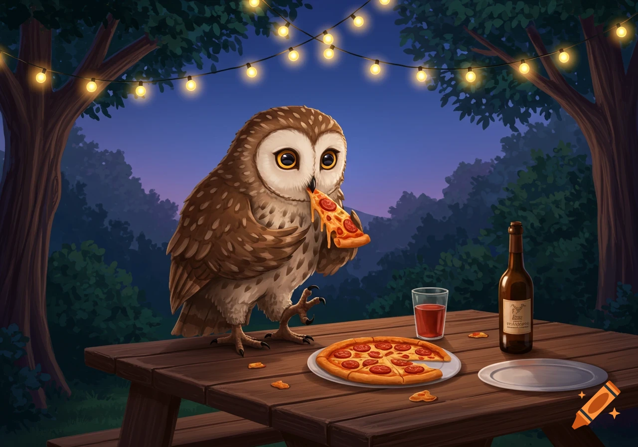 An adorable cartoon owl stands on a picnic table under string lights, eating a slice of pepperoni pizza.