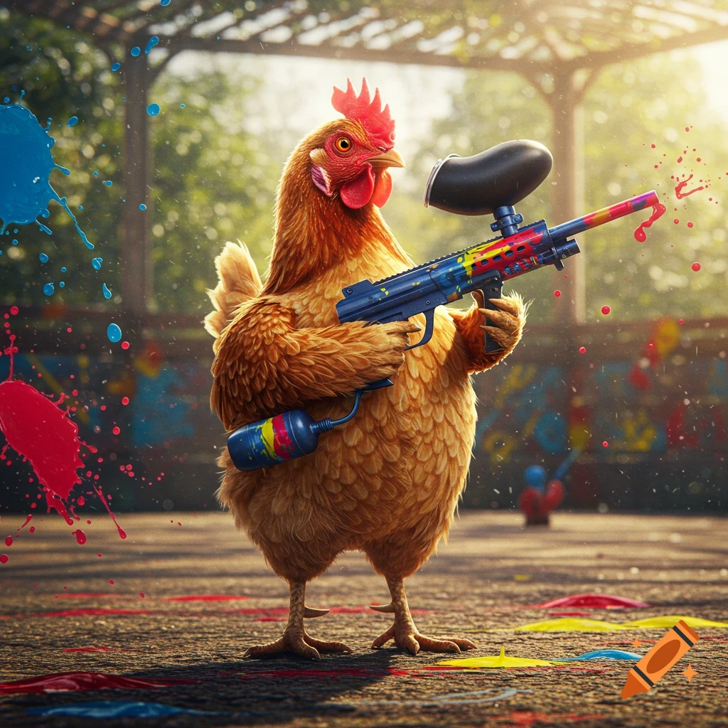 A photorealistic chicken holding a colorful paintball gun in a paint-splattered outdoor arena.
