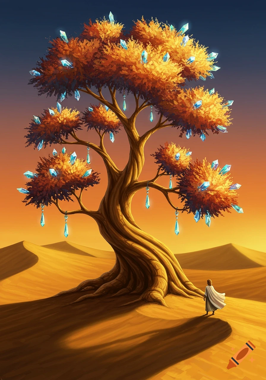 A robed figure stands in a golden desert looking at a gnarled tree with bright orange leaves and glowing blue crystals, under an orange and blue sky.