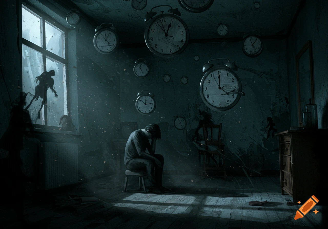 A man sits slumped on a stool in a dark, surreal room, surrounded by floating clocks and shadowy figures. Light streams through a broken window.